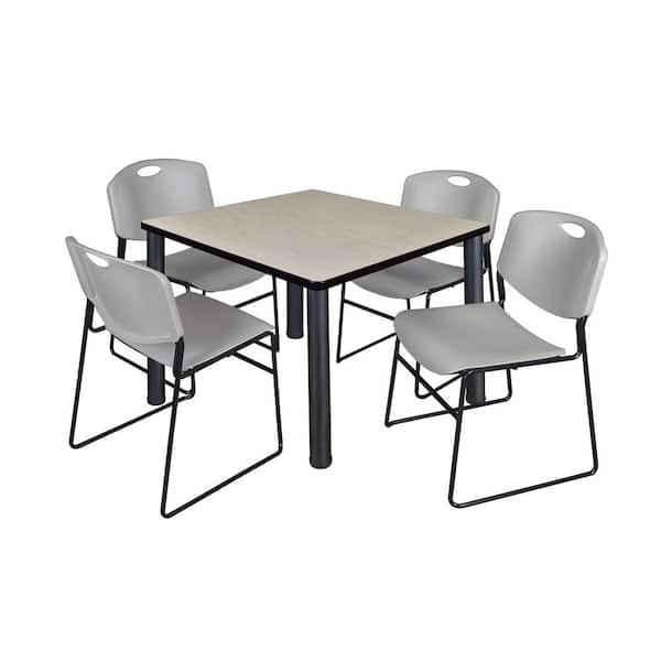 Kee 42 in. Maple Top Square Breakroom Table Desk, Black Legs, 4 Zeng Stack Chairs-Grey