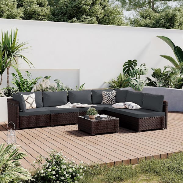 PATIO WATCHER 7-Piece Wicker Patio Conversation Seating Set with Dark Gray Cushions and Coffee Table