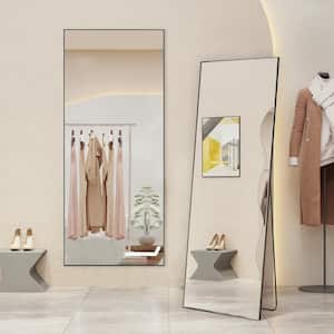 21in. W x 64in. H Aluminium Alloy Frame Black Full Body Floor Mirror with Floor Stand and Wall Mounted Hooks