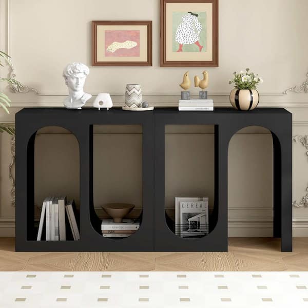 62.8 in. Black Rectangle Wood Console Table with Rectangular Exterior and Curved Interior Design