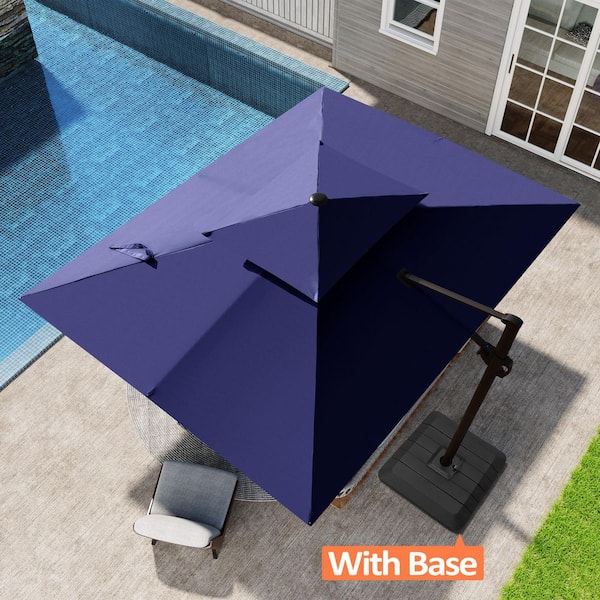 Pellebant 9 ft. x 11.5 ft. Dual Top Aluminum Offset Cantilever Crank-Control Rotation Tilt Patio Umbrella in Navy Blue with Base