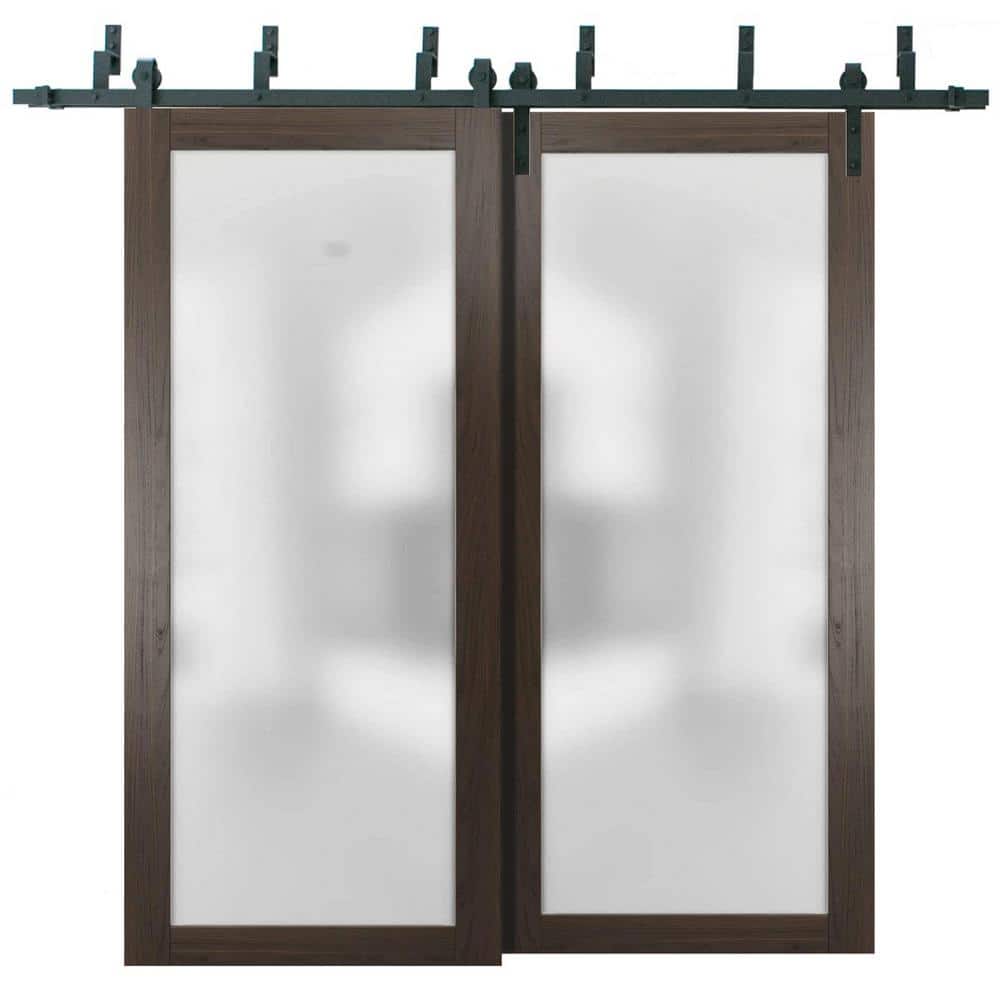 48 in. x 96 in. 2 Panel Frosted Glass Chocolate Ash Solid Wood Sliding Barn Door with Hardware Kit price history on PriceWatchPro