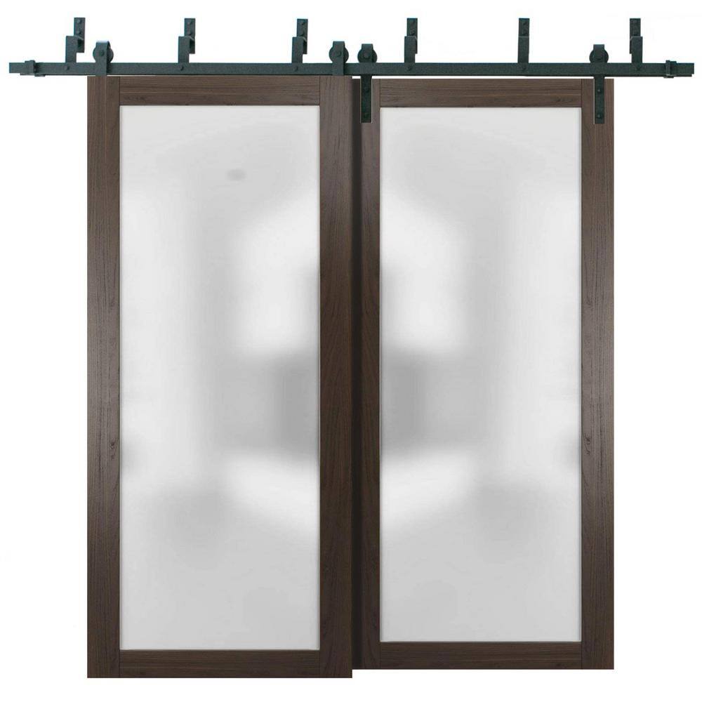 60 in. x 80 in. 2 Panel Frosted Glass Chocolate Ash Solid Wood Sliding Barn Door with Hardware Kit price history on PriceWatchPro