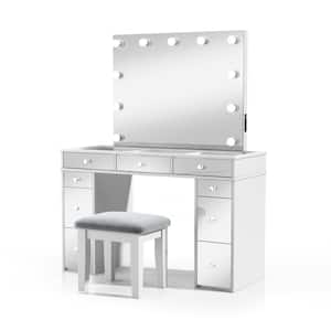 Fejsa 3-Piece White and Gray MakeUp Vanity Set with Mirrored Front Panels and USB Outlet