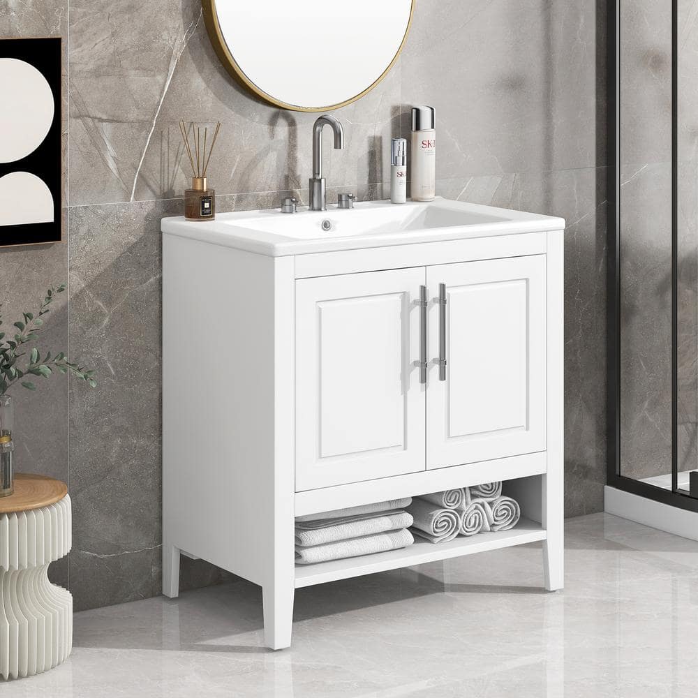 30 in. W x 18.3 in. D x 33 in. H Freestanding Bath Vanity in White with Whi