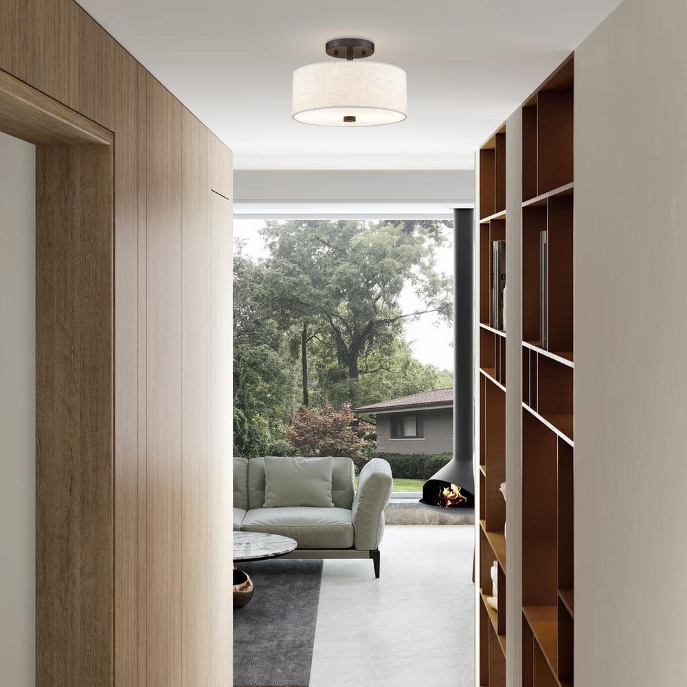 English Bronze 2-Light Semi-Flush Mount with Oatmeal Shade