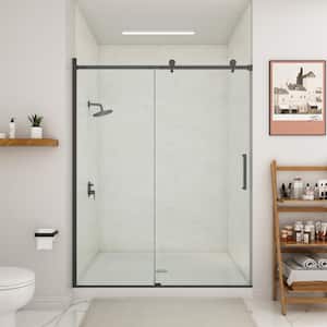 59 in. W x 75 in. H Sliding Frameless Shower Door in Matte Black with 5/16 in.(8 mm) Clear Glass