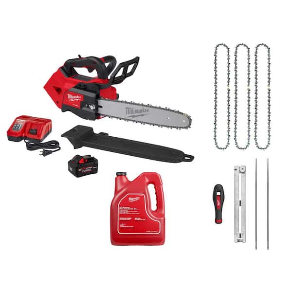 M18 FUEL 14 in. Battery Top Handle Chainsaw Kit w/ 14 in. Chainsaw Chain (3 PK), 4 PC Chain Sharpening, Bar & Chain Oil