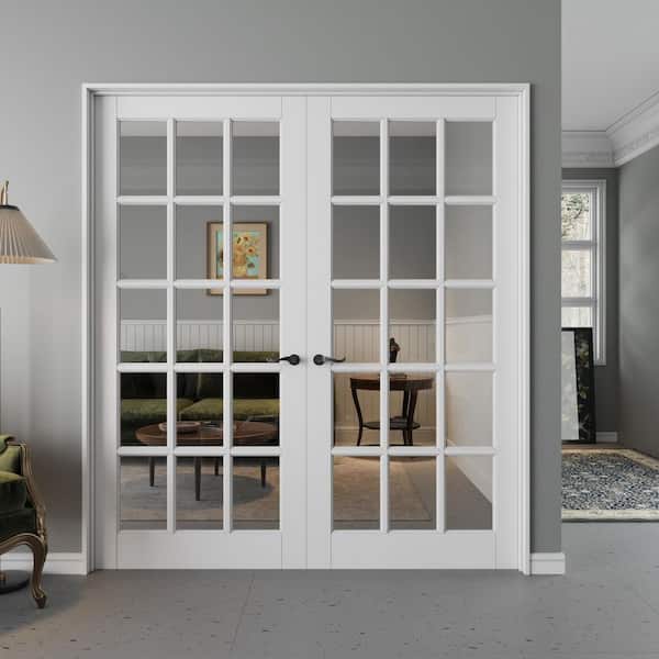 72 in. x 80 in. 15-Lite Clear Glass Universal White Solid Core Glass Double Prehung French Door with Quick Assemble Jamb