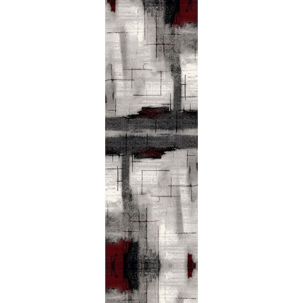 Rug Branch Montage Grey Red, Modern 2 ft. x 19 ft. Abstract Indoor Runner Rug