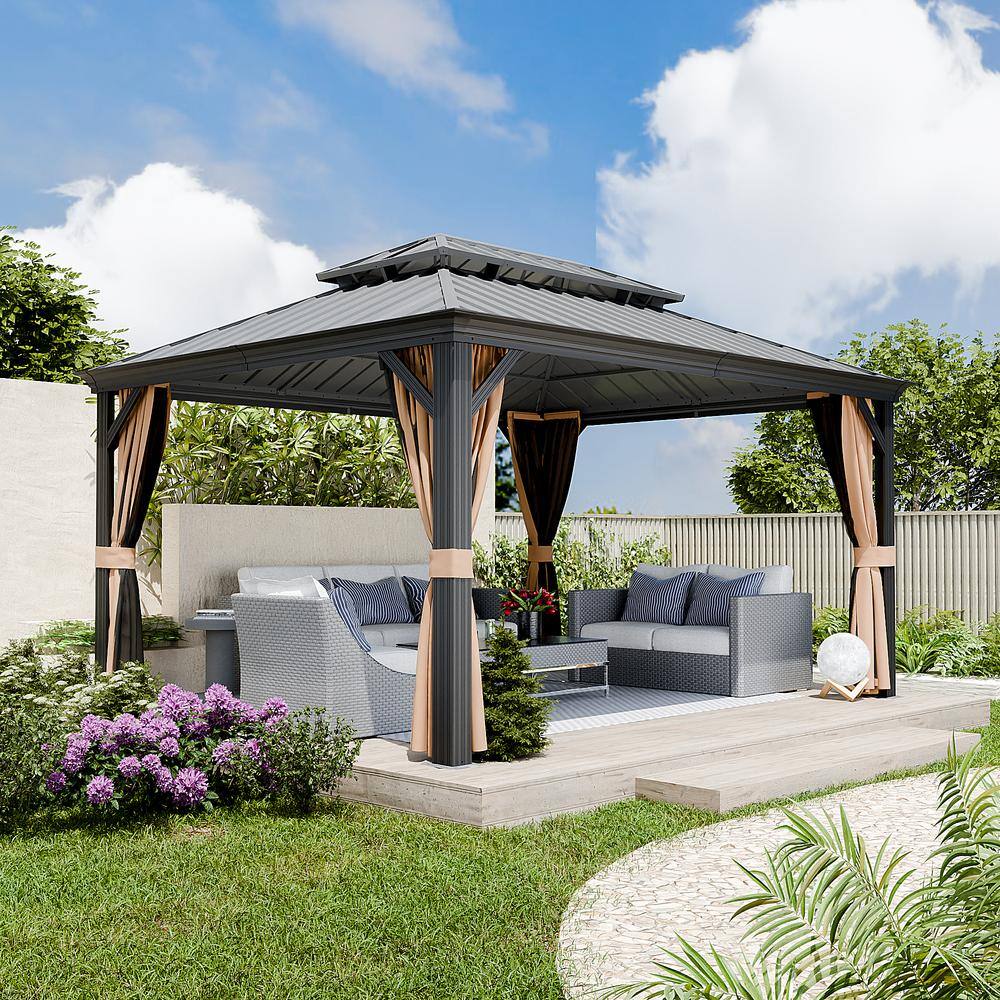 Gray 12x16ft Hardtop Gazebo with Nettings and Curtains