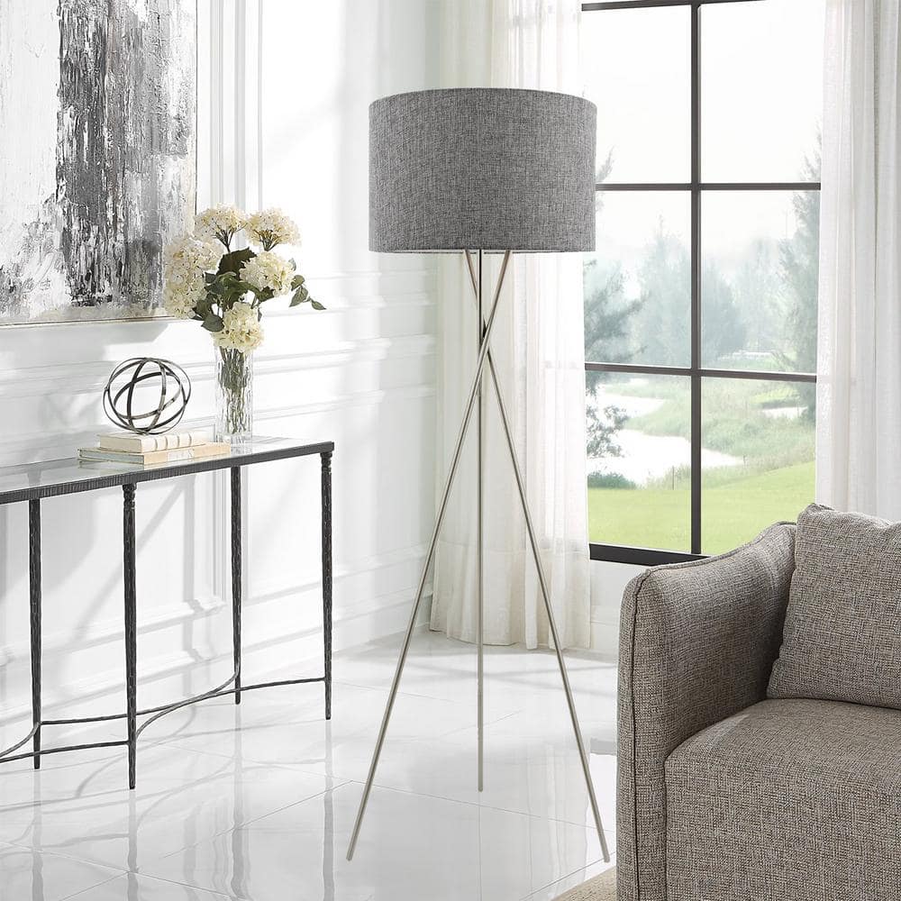 Gray Fabric Shade Brushed Nickel Tripod Floor Lamp