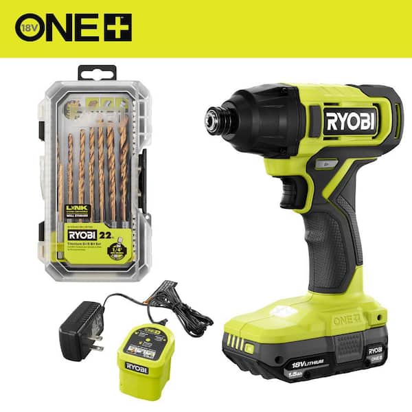 RYOBI ONE+ 18V Cordless 1/4 in. Impact Driver Kit with 1.5 Ah Battery, Charger, and Titanium Drill Bit Set (22-Piece)