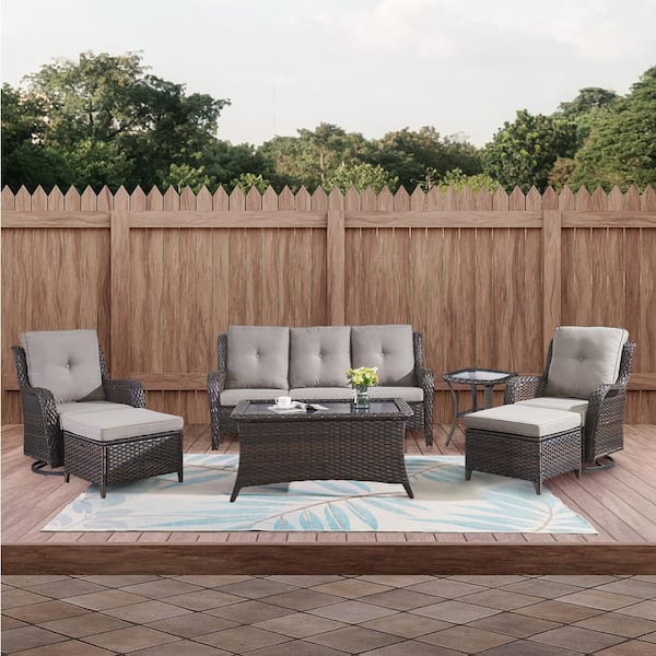 Opohoro Brown 7-Piece Wicker Patio Conversation Set with Swivel Rockers, Outdoor Sofa Seating Set with Olefin Gray Cushions