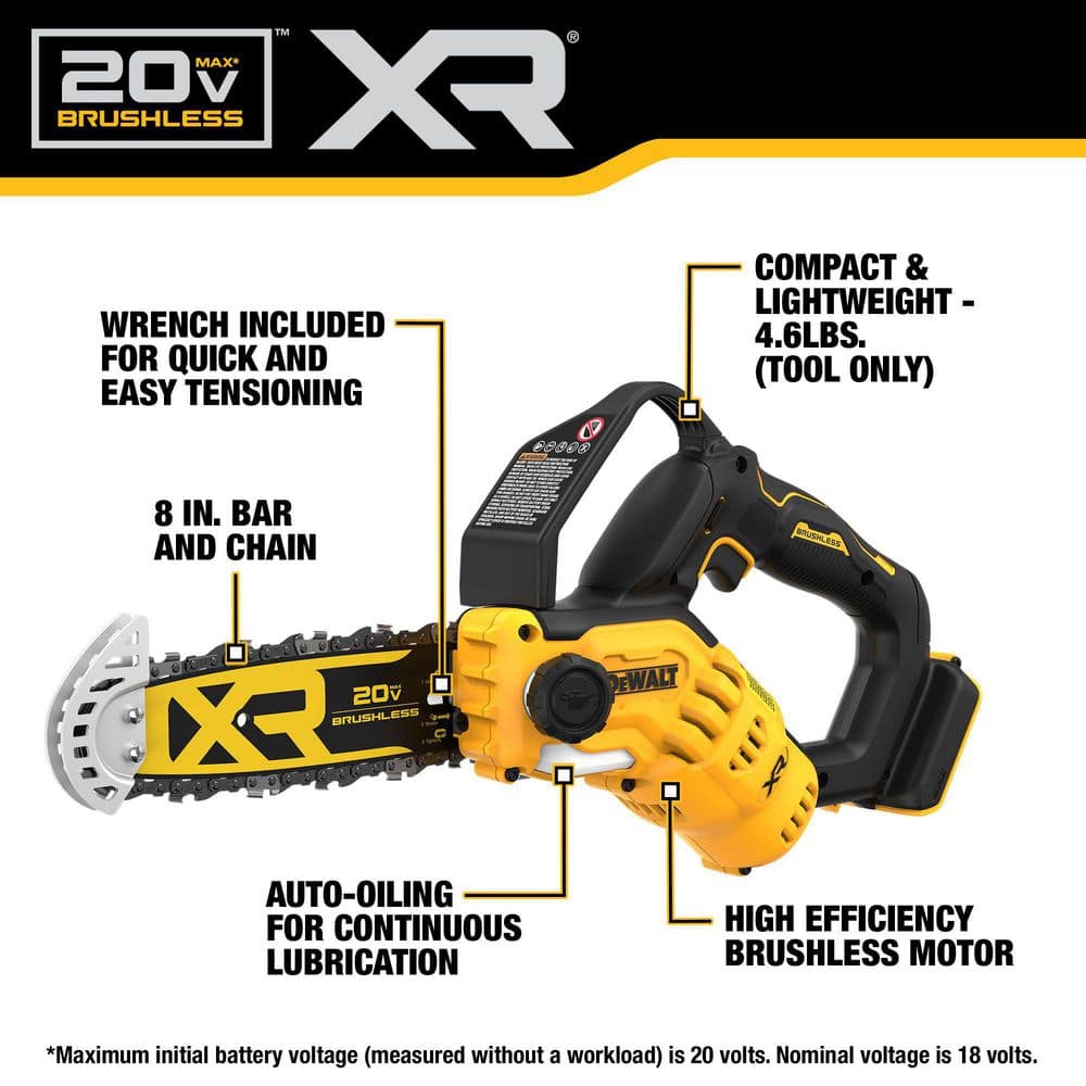 DEWALT 20V MAX 8 in. Brushless Cordless Battery Powered Pruning Chainsaw (Tool Only) DCCS623B