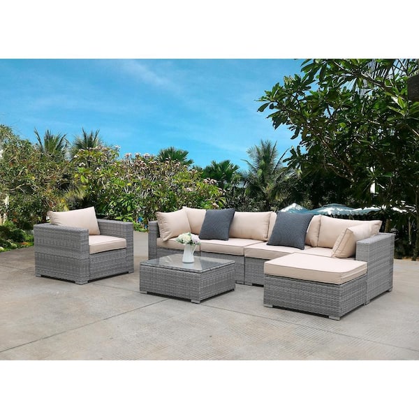Wateday Outdoor Garden 7-Piece Wicker Patio Conversation Set With Beige Cushions