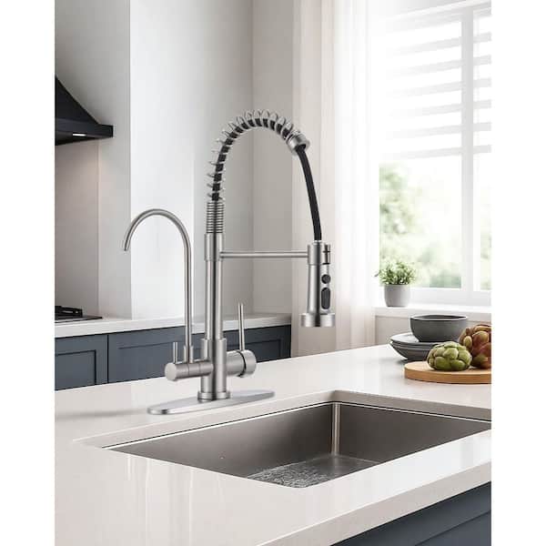 Double Handles Solid Brass Pull Down Sprayer Kitchen Faucet with Drinking Water Filter in Brushed Nickel