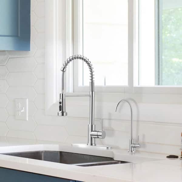 19 in. H Single Handle Pull Down Sprayer Kitchen Faucet with Drinking Water Faucet and 360° Swivel Spout in Nickel