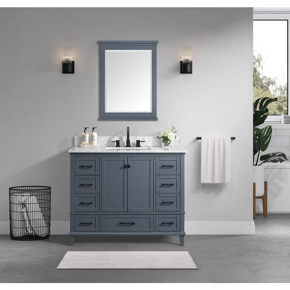 Home Decorators Collection Merryfield 43 in. W x 22 in. D x 35 in. H Freestanding Bath Vanity in Dark Blue-Gray with Carrara White Marble Top