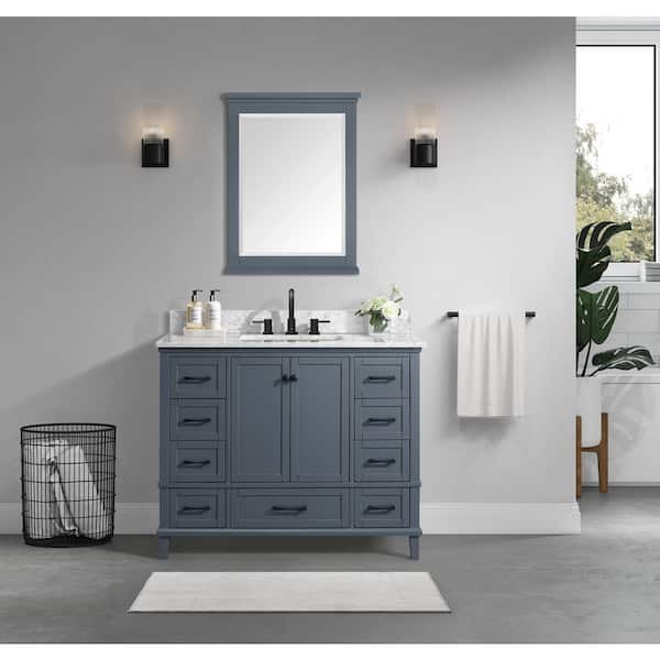 Home Decorators Collection Merryfield 43 in. Single Sink Freestanding Dark Blue-Grey Bath Vanity with White Carrara Marble Top (Assembled)