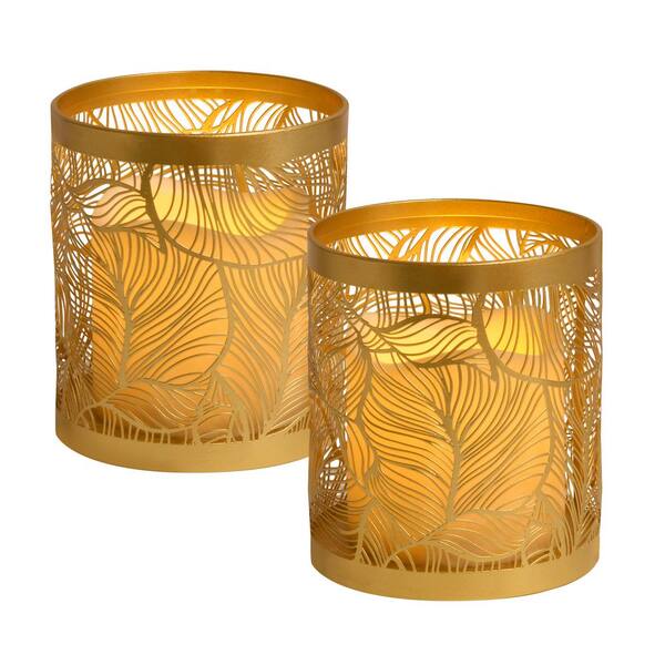 LUMABASE Metal Gold Leaf Candleholders with LED Candles (set of 2)