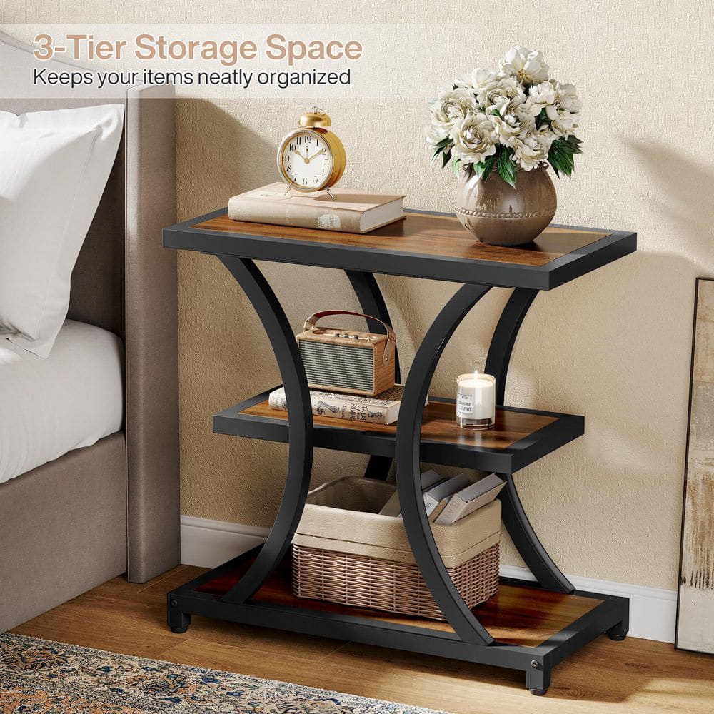 23.6 in. Rustic Brown Rectangle Engineered Wood End Table with Storage Shelves, Narrow Side Table with Metal Frame - thumbnail 6