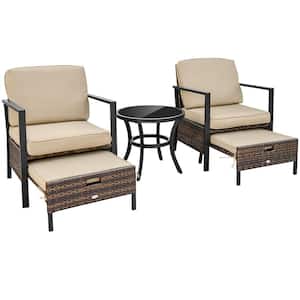 5-Piece Wicker Patio Conversation Set Space Saving Cushions Chairs with Ottomans Table Beige Cushions