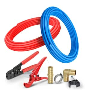 1/2 in. x 100 ft. PEX Tubing Plumbing Kit - Crimper and Cutter Tools Tubing Elbow in. Half Clamp - 1 Red 1 Blue