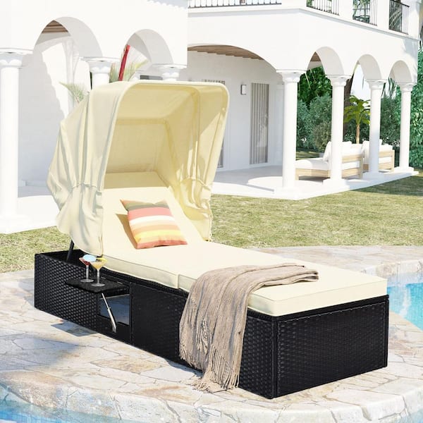 Afoxsos 76.8 in. Black Wicker Outdoor Chaise Lounge Long Reclining Chaise Lounge Single w/Beige Cushions, Canopy and Cup Table