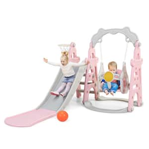 3 in. 1 Kids Slide and Swing Set Toddler Climber Playset Indoor Outdoor Playground, Pink and Grey