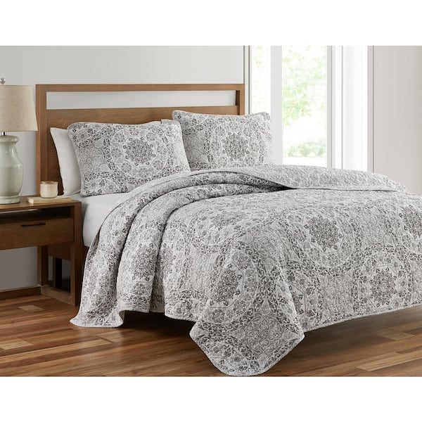 Ravenna Medallion 3-Piece Grey Cotton Quilt Set-Full/Queen RAVGY01 ...