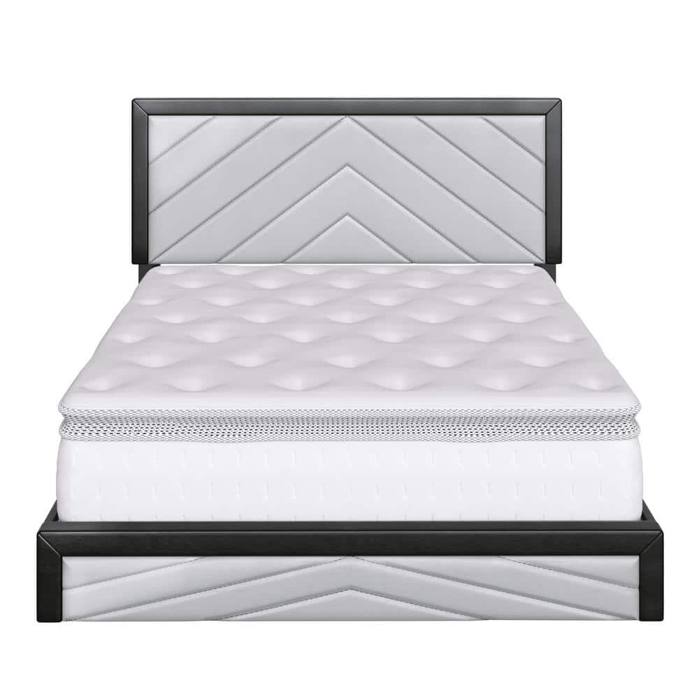 Queen Black and Gray Faux Leather Upholstered Platform Bed with Chevron Headboard