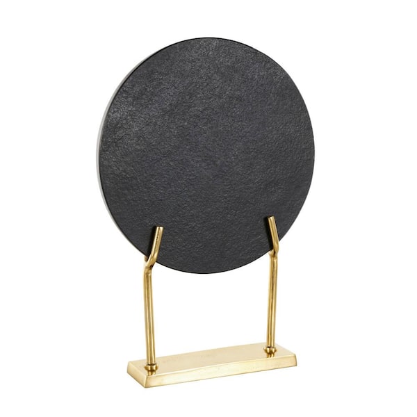 Litton Lane Black Marble Textured Disk Abstract Sculpture with Gold Stand