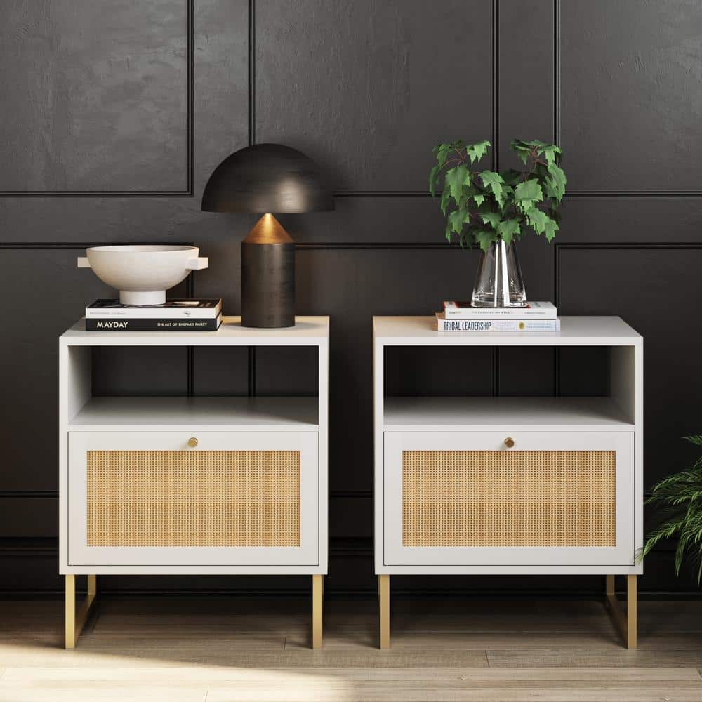 Mina White and Gold Rattan Nightstands Set of 2