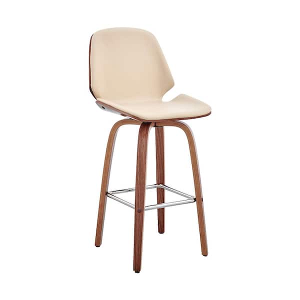 Armen Living Arabela 26 in Counter Height Stool w/ High Back Cream Faux Leather and Walnut Wood Finish
