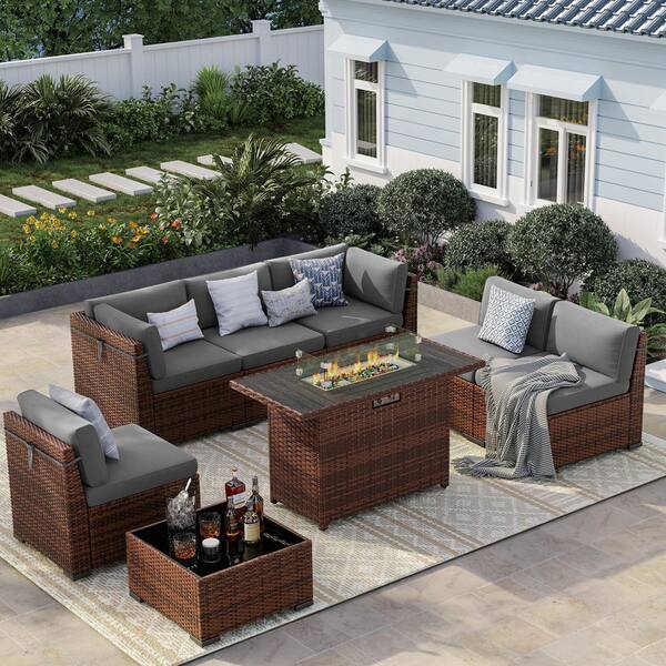 ELPOSUN 8-Piece Brown Rattan Wicker Outdoor Patio Set with Gray