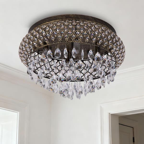 Jackson 5-Light 19.7 in. Cage Matte Black/Gold Crystal Modern Flush Mount Lighting for Bedroom Ceiling Lights Fixtures