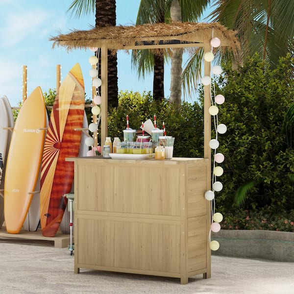 FUFU&GAGA Outdoor Island Bar with Thatched Roof Bar Table and Storage Space for Dining and Drinking, Natural