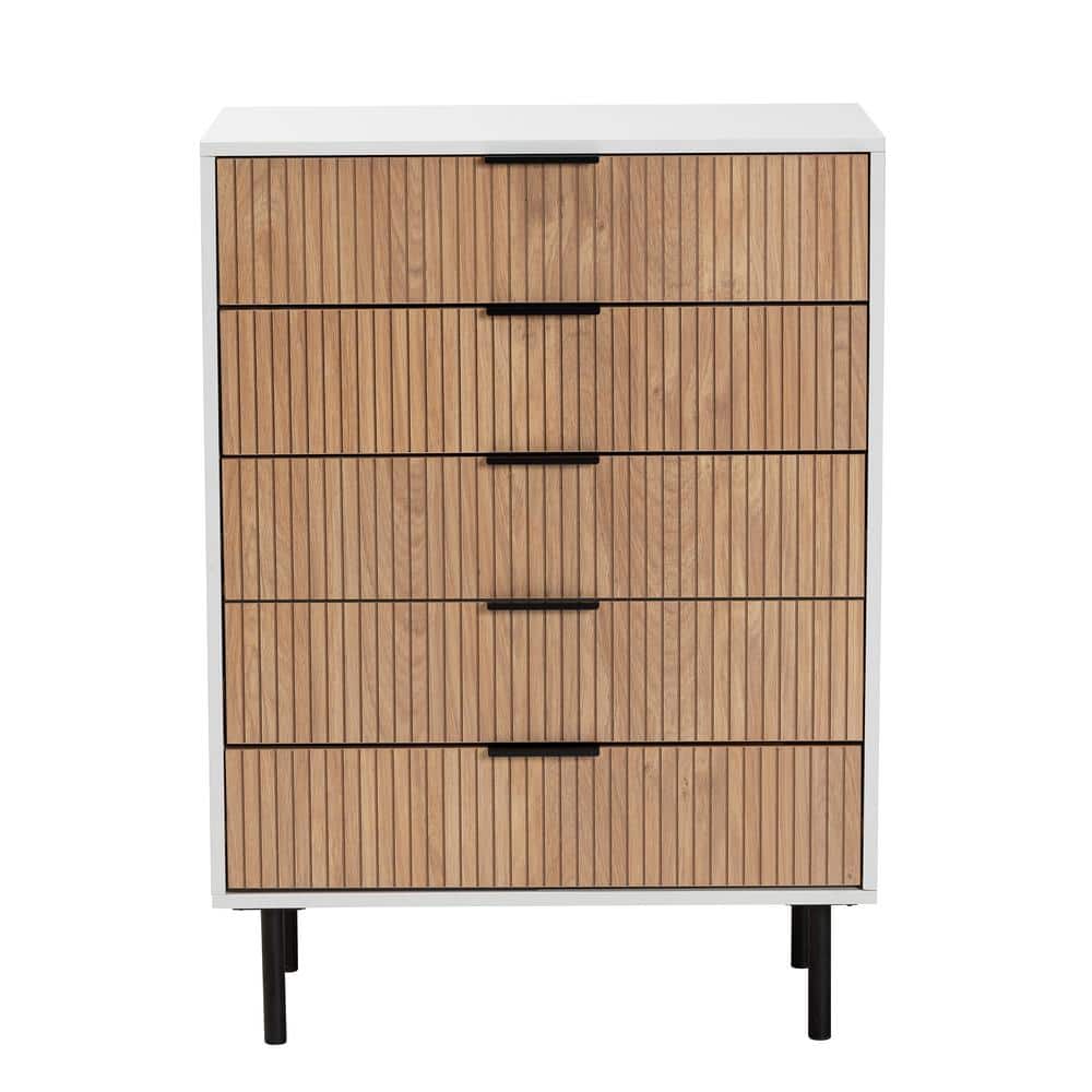 Karima Mid-Century Modern White and Natural Brown Wood Chest of Drawers