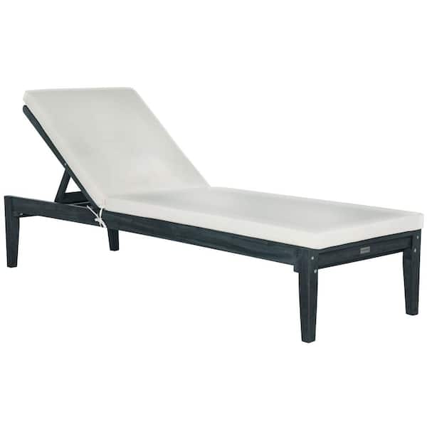 SAFAVIEH Azusa Dark Slate Gray 1-Piece Wood Outdoor Chaise Lounge Chair with Beige Cushion