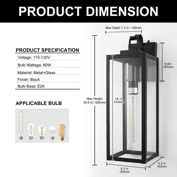 YANSUN 20 in. 2-Pack Large Black Outdoor Wall Lanterns Waterproof