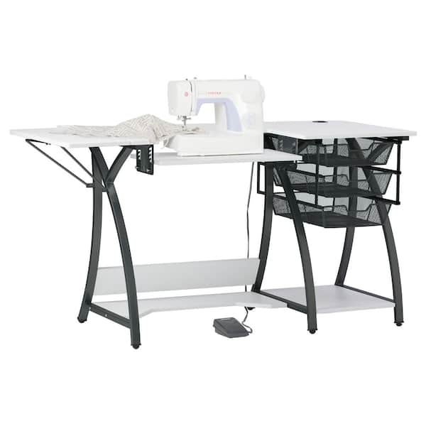 Pro Stitch 56.75 in. W PB Craft Sewing Table with Metal Mesh Drawers, Drop-Down Platform in Charcoal/White