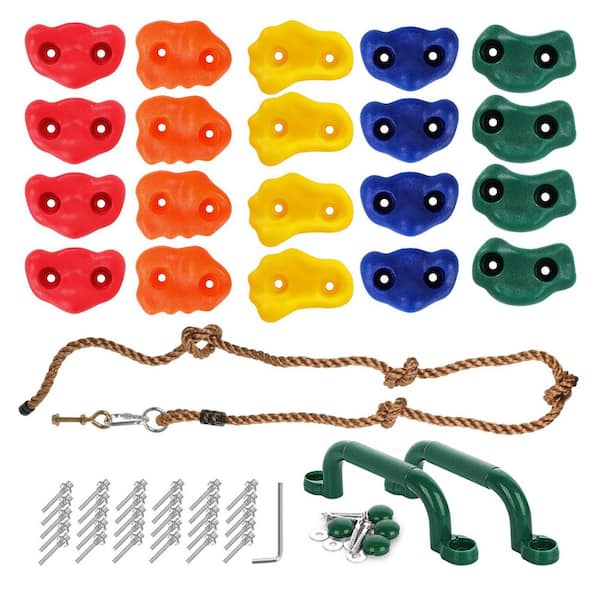 20-Piece Rock Climbing Holds Kit with Rope, Multi-Colored Grips for Indoor Outdoor Walls, 2 Handles, Supports 300 lbs.