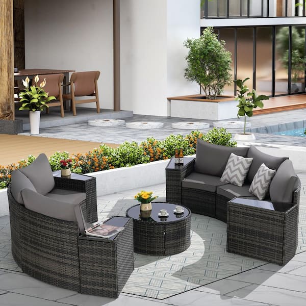 11-Pieces Metal Outdoor Half-Moon Sectional Round Patio Furniture Set Sofa with Dark Gray Cushions