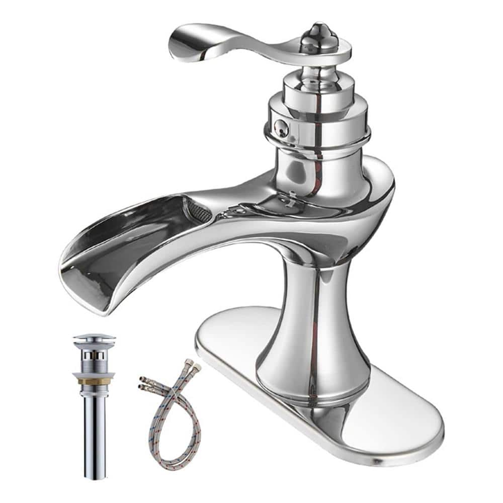 Single Handle Single Hole Waterfall Bathroom Faucet with Pop-Up Drain Brass