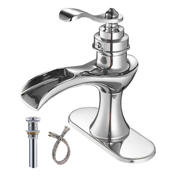 Unbranded Single Handle Single Hole Waterfall Bathroom Faucet with Pop-Up Drain Brass Bathroom Basin Taps in Polished Chrome