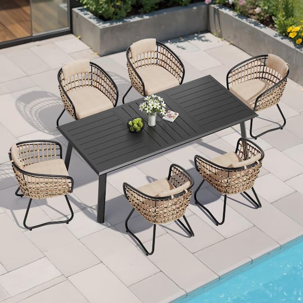 7-Piece Metal Outdoor Dining Set with 82.7 in. L All-Aluminum Table and 6 Rattan Chairs with Beige Cushions