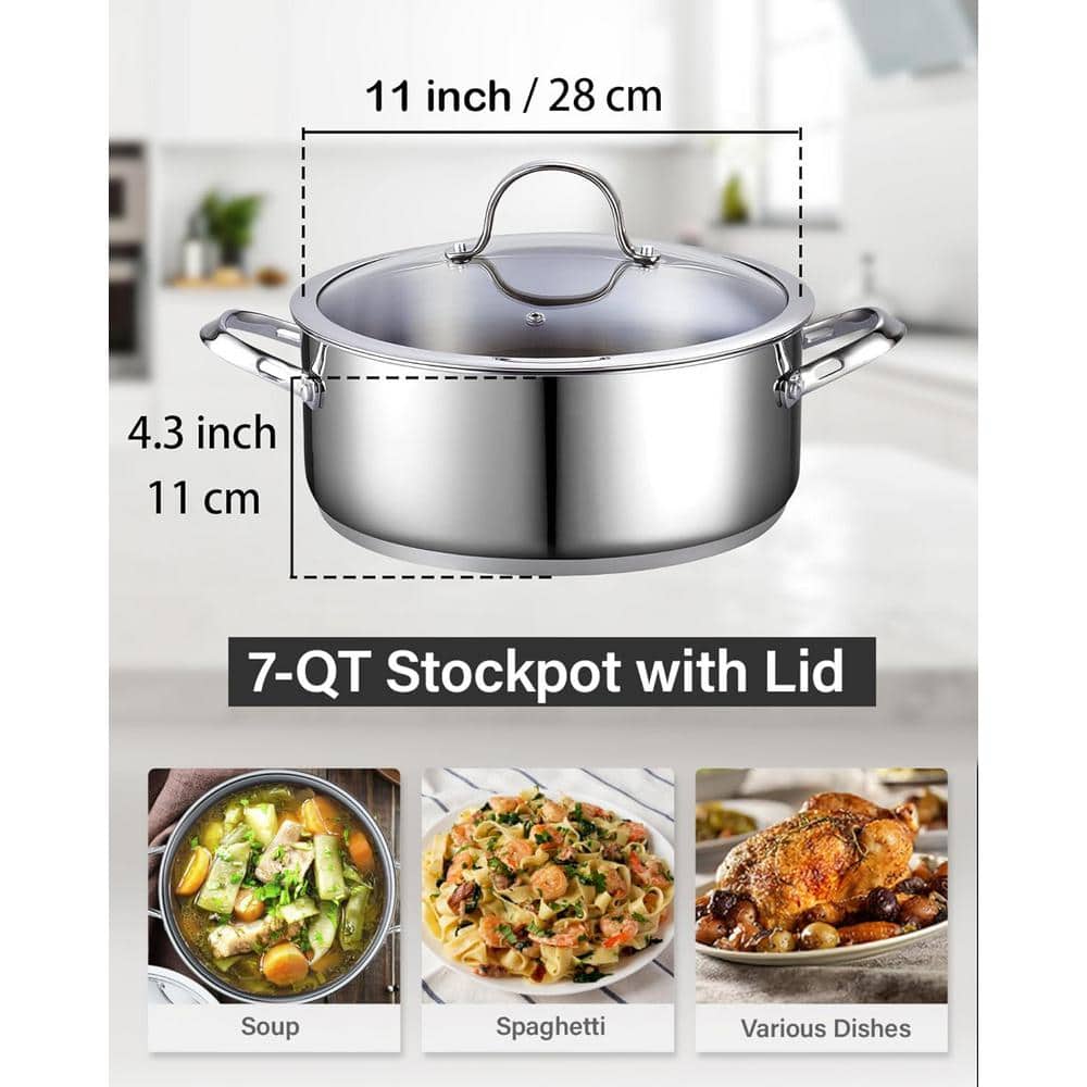 7-Quart Silver Aluminum Stainless Steel Stockpot with Glass Lid