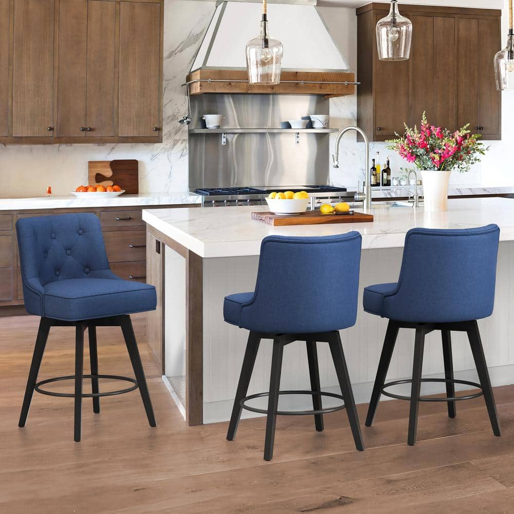Roman 26.5 in. Navy Blue Fabric Upholstered Solid Wood Leg Counter Height Swivel Bar Stool with Back Set of 3