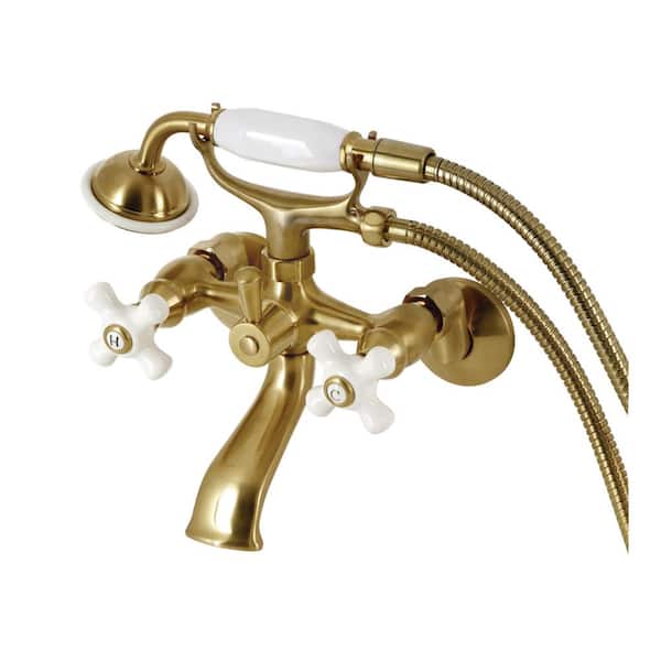 Kingston Brass Kingston 3-Handle Wall-Mount Clawfoot Tub Faucet with Hand Shower in Brushed Brass
